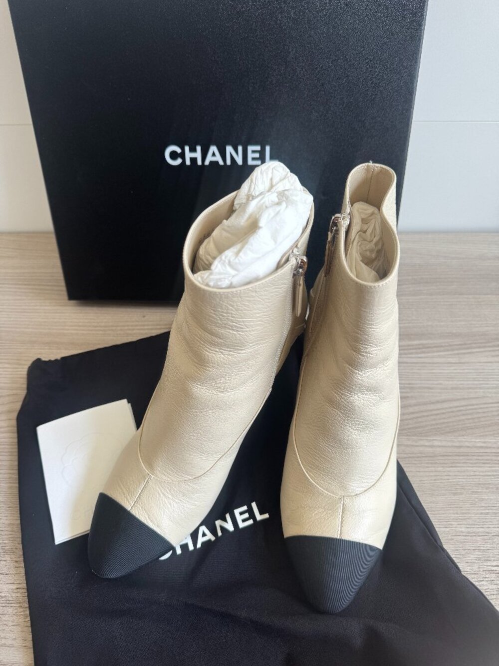 CHANEL CC Logo Two-Tone Ankle Booties - Beige & Black